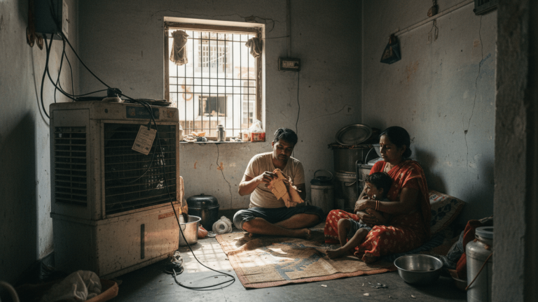 A low-income Indian family in a dim, sparsely furnished room with peeling paint. A man sits on the floor, fanning himself with paper. A woman cradles a child beside him. An old, un-used evaporative cooler sits in the foreground.
