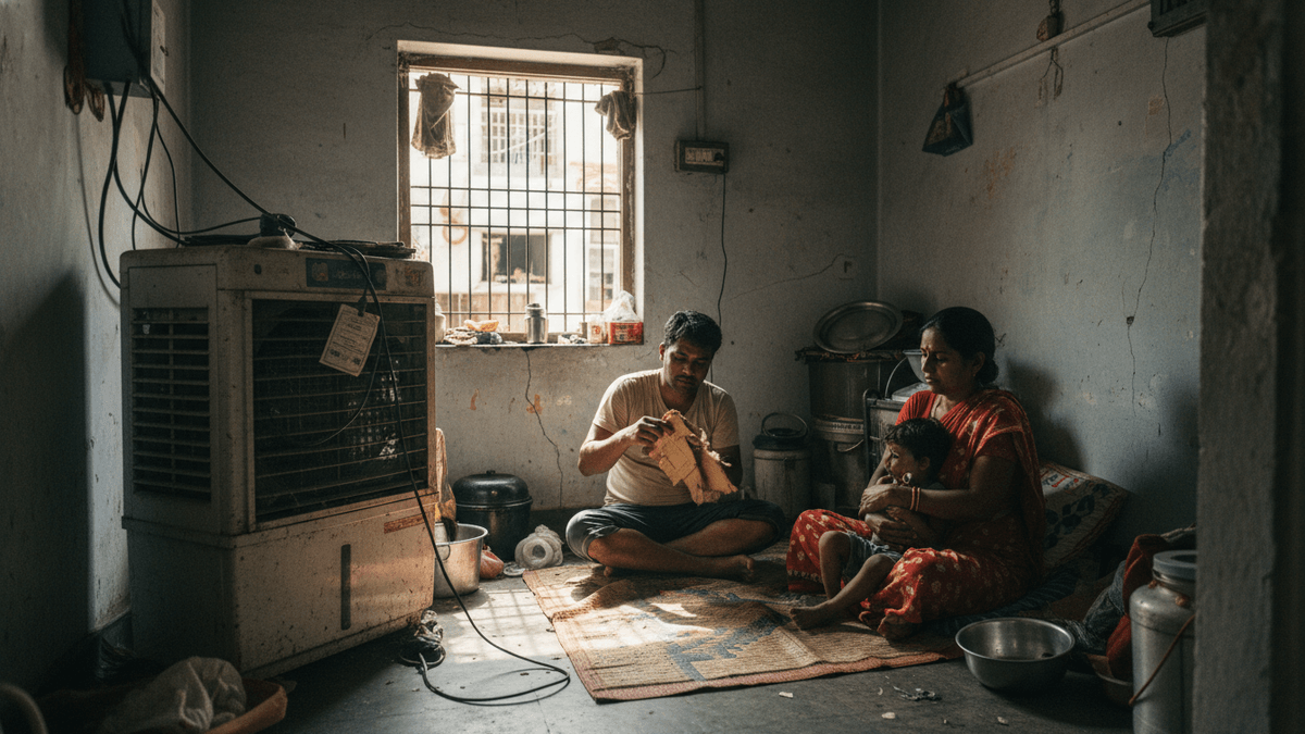 A low-income Indian family in a dim, sparsely furnished room with peeling paint. A man sits on the floor, fanning himself with paper. A woman cradles a child beside him. An old, un-used evaporative cooler sits in the foreground.