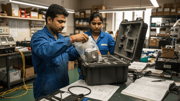 Two Indian aviation technicians in blue overalls carefully packaging a fuel control switch into a specialized case within a cluttered workshop.