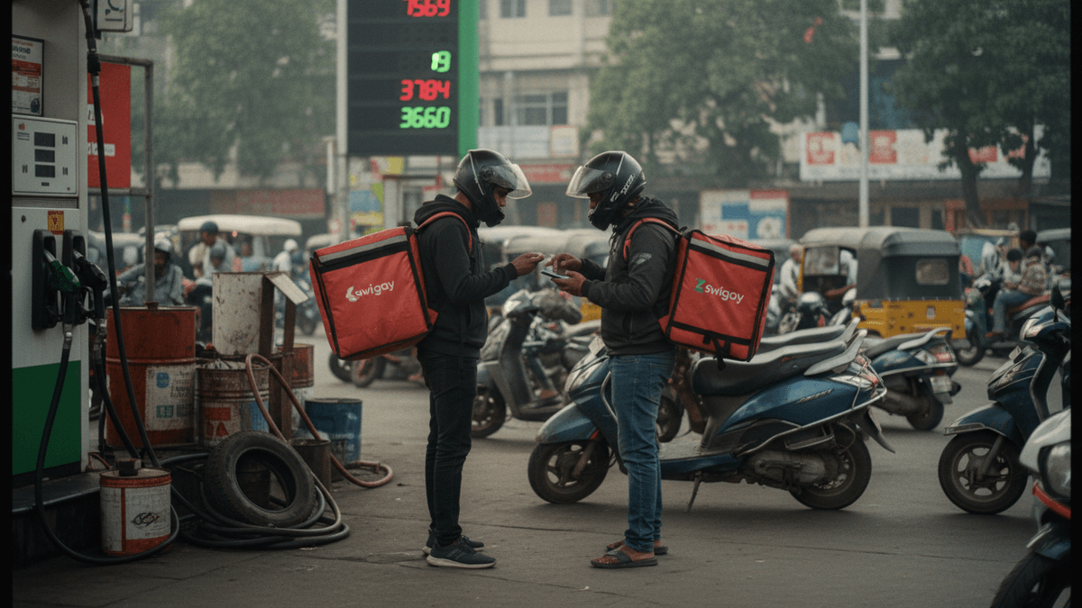 Two Swiggy delivery riders, wearing helmets and carrying red delivery bags, stand beside their scooters at a petrol station. They are both looking at their phones, with fuel price displays visible in the background. The scene is candid, capturing an authentic moment in an urban environment.