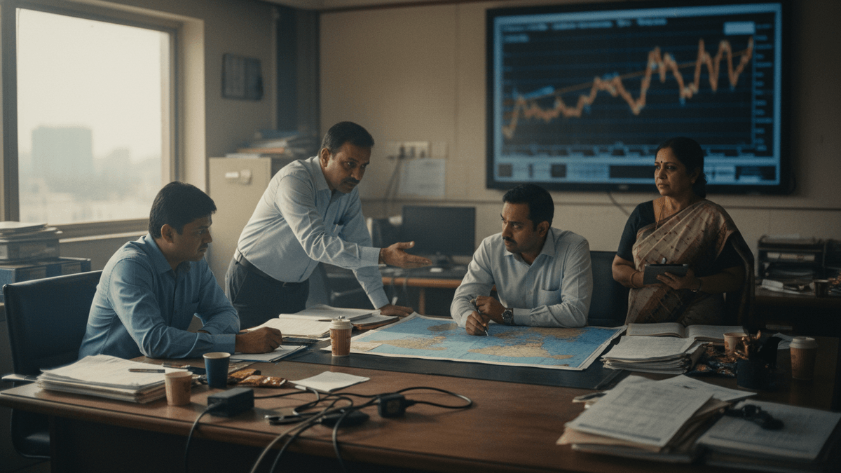 Four Indian financial leaders in a naturally lit office, engrossed in a discussion with maps and documents, a screen displaying market data in the background.