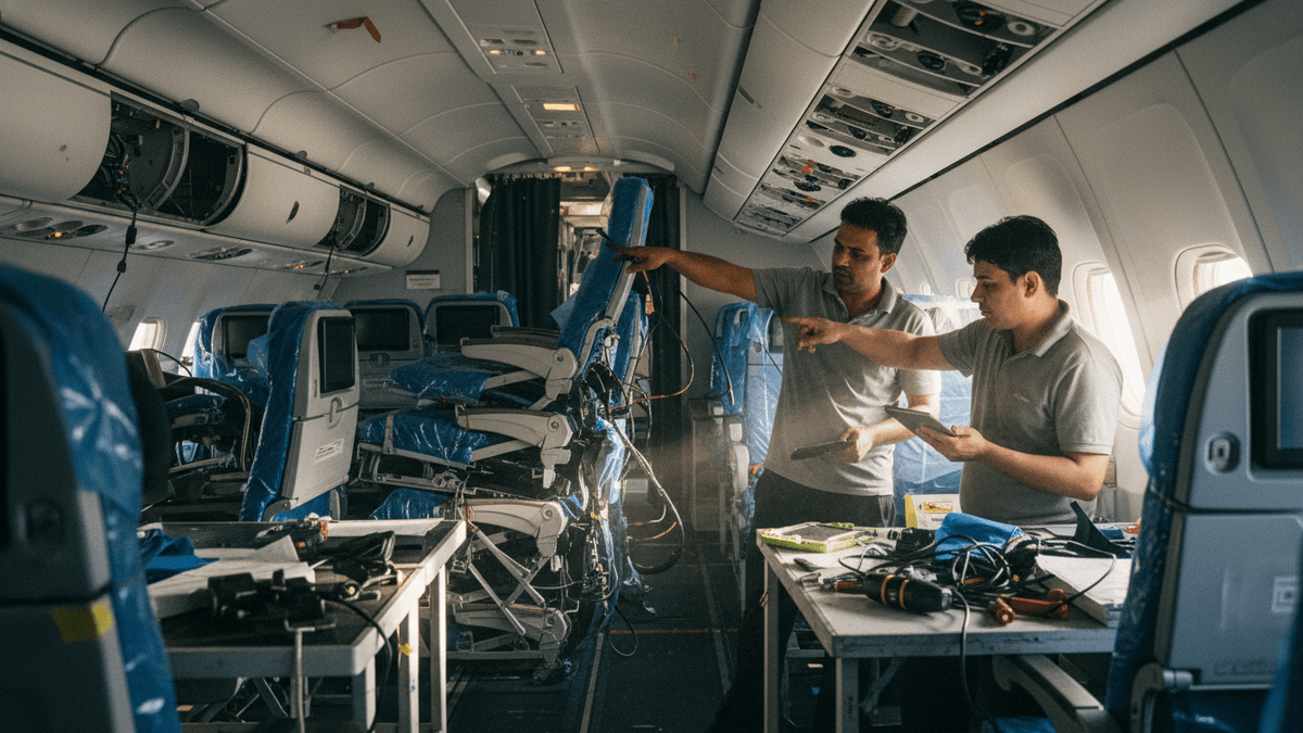 Two engineers discuss work inside an Air India aircraft cabin undergoing refurbishment, surrounded by tools and new seating.