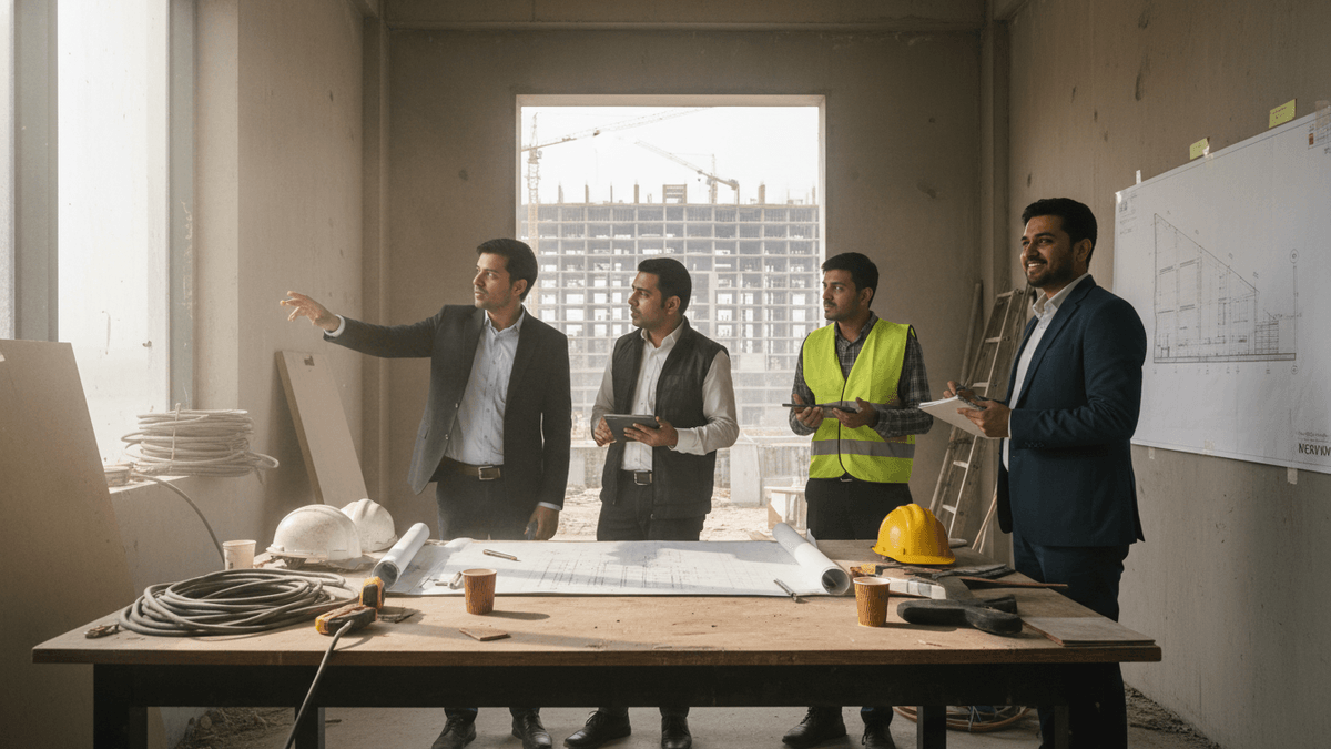 Four men, one in a safety vest, review blueprints and a whiteboard in a dusty, unfinished concrete building with construction outside.