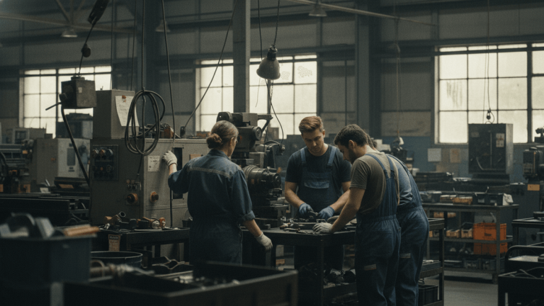 Three factory workers in overalls gather around machinery, appearing focused and engaged in discussion during their shift.