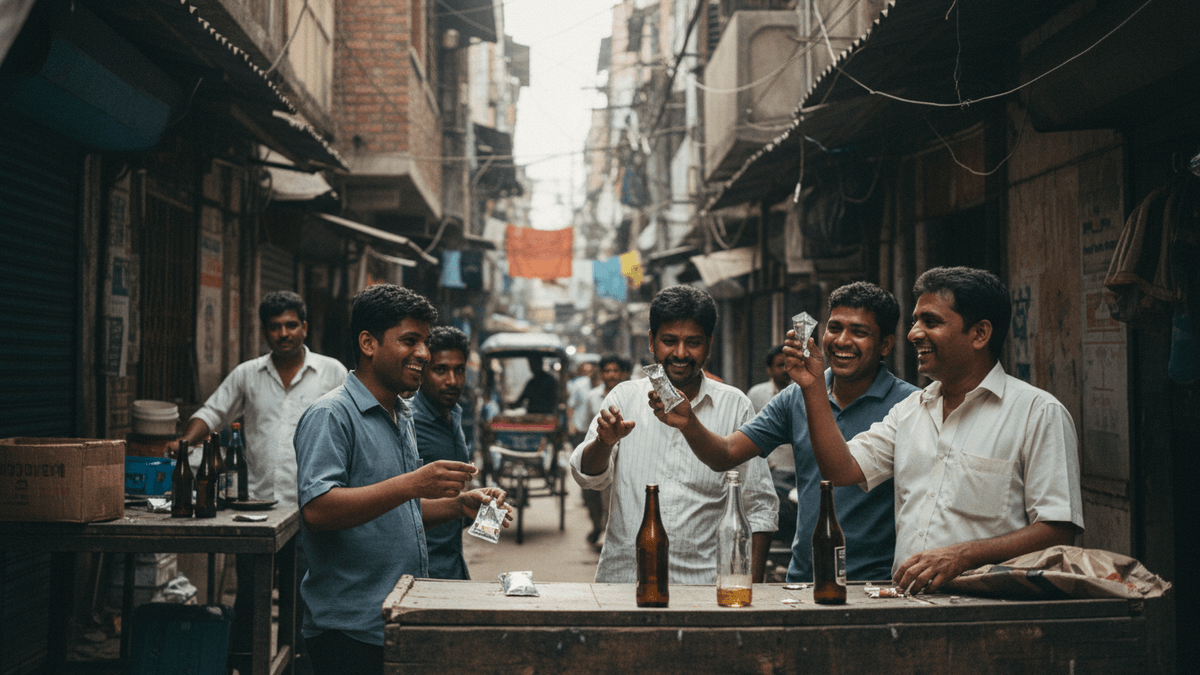 A candid street photograph shows a group of men in a crowded Indian alleyway, smiling and interacting while holding small, low-cost alcohol pouches.