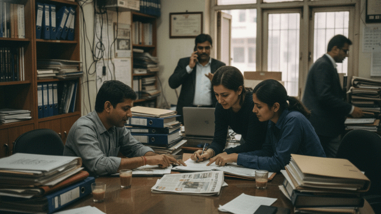 A candid, editorial shot of several lawyers in a busy, lived-in office environment in Delhi, India, reviewing legal documents.