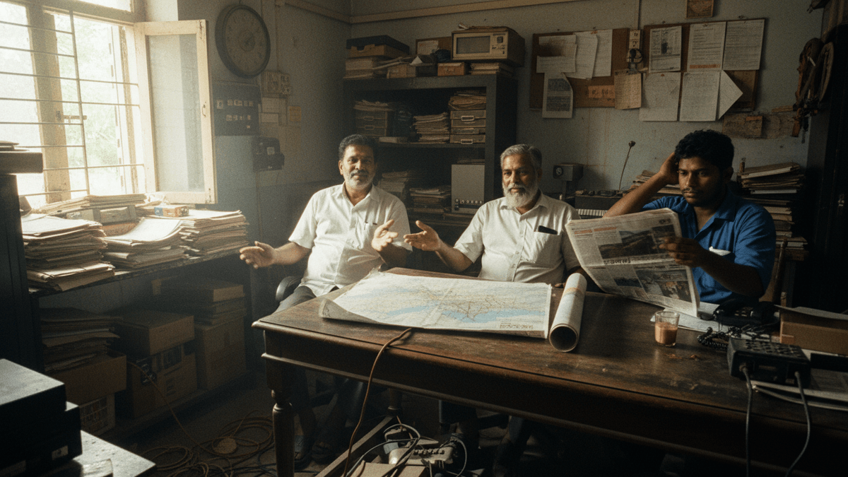 Three men in a naturally lit, lived-in office with papers and maps. Two men are mid-conversation, one gestures, another reads a newspaper.