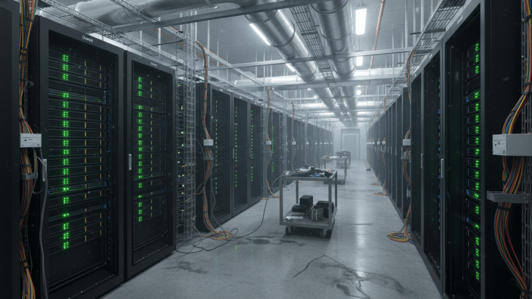 A long, wide-angle shot of a data center aisle with tall black server racks on both sides, glowing green lights. A utility cart with tools is in the middle.