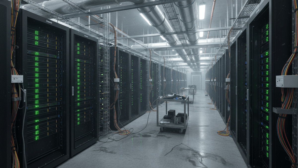 A long, wide-angle shot of a data center aisle with tall black server racks on both sides, glowing green lights. A utility cart with tools is in the middle.