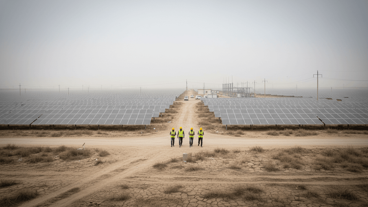 Four people in safety vests and hard hats walk across a dry dirt road that bisects a vast solar panel array under an overcast sky.