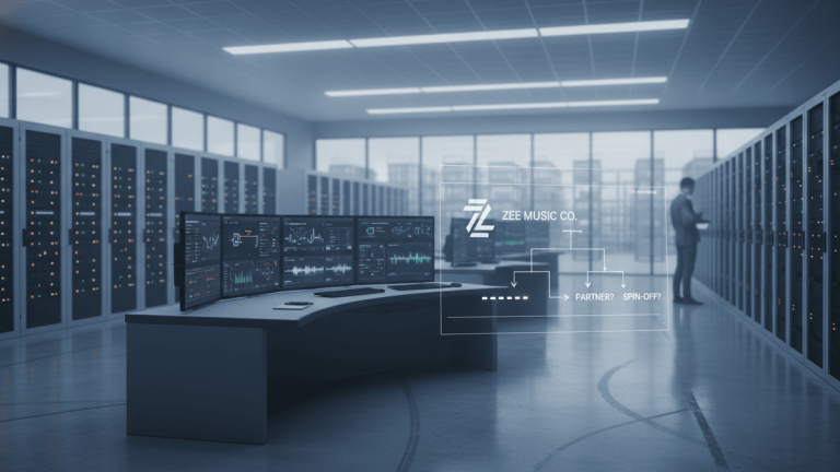 A wide shot of a modern server room with rows of racks on both sides, a central console with multiple monitors displaying data, and a technician in the background.