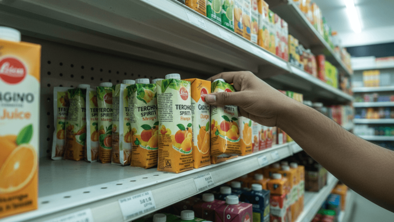 A hand reaches for one of several small, juice-like tetra pack beverages on a brightly lit supermarket shelf.