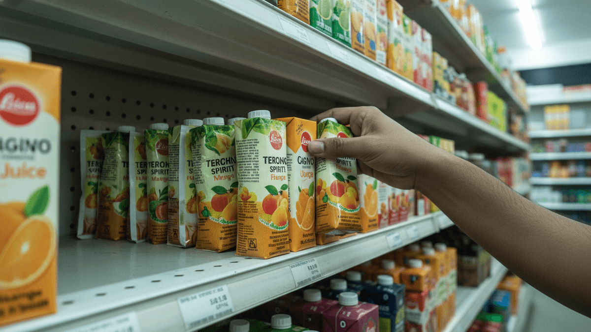 A hand reaches for one of several small, juice-like tetra pack beverages on a brightly lit supermarket shelf.
