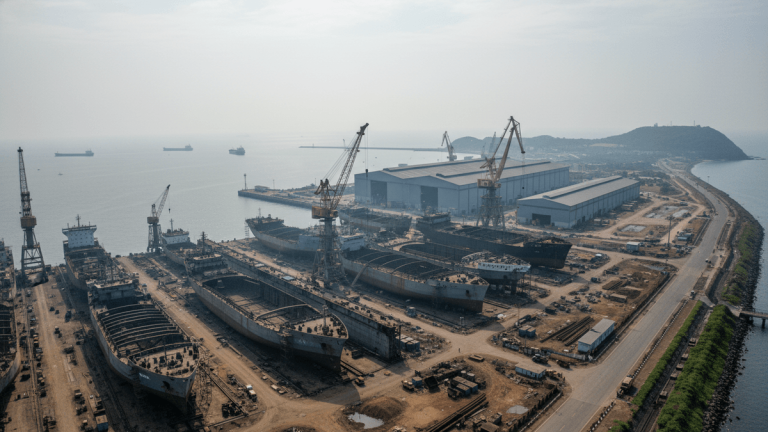An aerial photograph captures a vast shipyard under a hazy sky, showing several large ship hulls in various stages of construction and repair within dry docks. Cranes dot the scene.