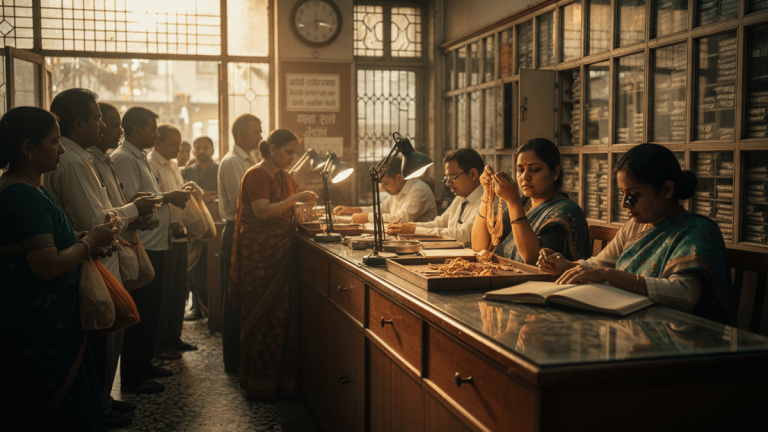 Inside a traditional Indian gold loan establishment, a long wooden counter with staff evaluating gold jewelry, and customers in a queue.