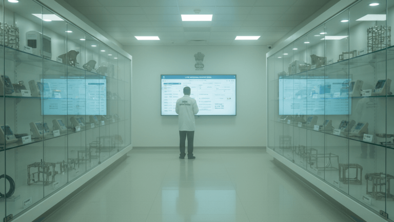 A medical professional stands centered in a white, sterile room, viewing a large screen displaying data, flanked by glass display cases of medical devices.