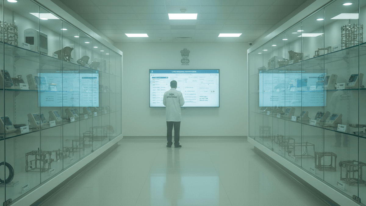 A medical professional stands centered in a white, sterile room, viewing a large screen displaying data, flanked by glass display cases of medical devices.
