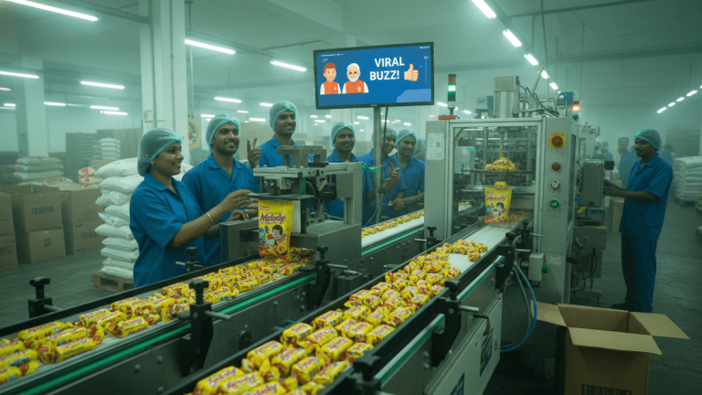 A busy factory floor shows a long conveyor belt moving individually wrapped Melody toffees towards packaging machines. Workers in blue uniforms and hairnets stand alongside, some smiling and gesturing towards a monitor displaying a "Viral Buzz!" graphic.