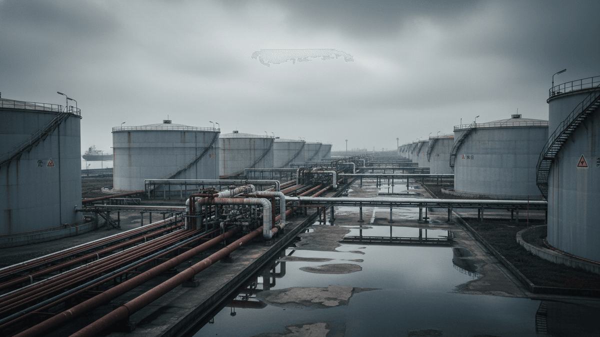 An expansive view of numerous large, grey crude oil storage tanks stretching into the distance under a uniformly grey, cloudy sky. A complex network of pipes runs between the tanks in the foreground. Patches of standing water reflect the dull light on the concrete ground. A large ship is faintly visible in the far distance on the left.