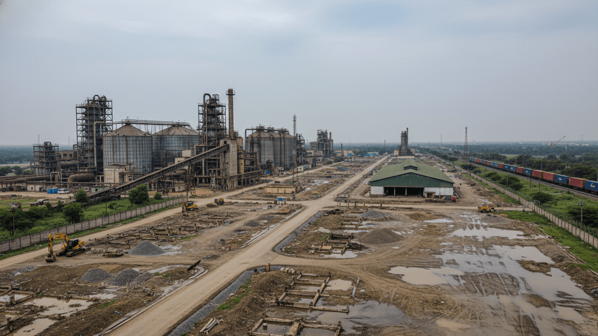 An aerial, wide-angle view of a vast industrial complex with multiple silos, buildings, muddy ground, and a freight train on tracks to the right, under an overcast sky.