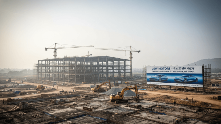 A wide shot of a large industrial construction site under a hazy sky, with steel framework of a factory building, cranes, and excavators.
