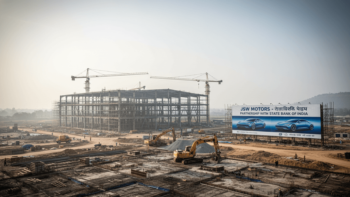 A wide shot of a large industrial construction site under a hazy sky, with steel framework of a factory building, cranes, and excavators.