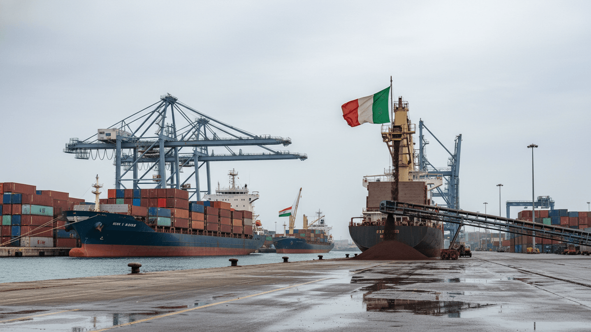 An Italian flagged bulk carrier unloads cargo at a busy port, with container ships and gantry cranes visible under an overcast sky.