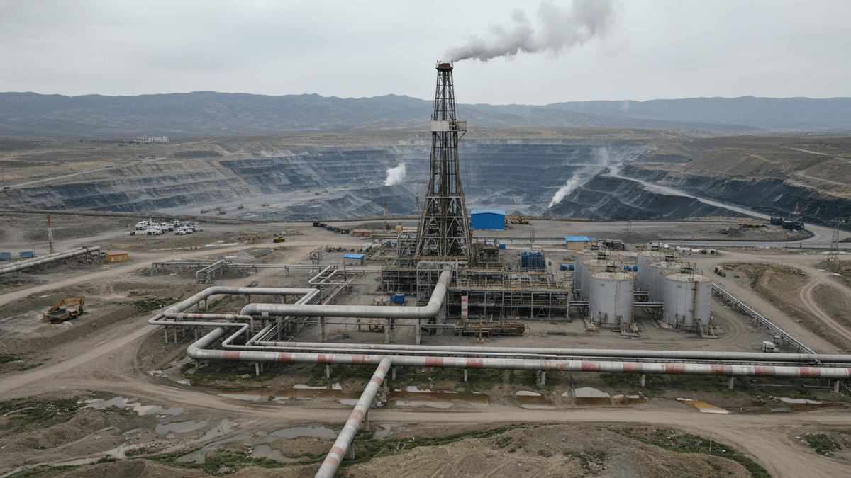 An aerial view of a gas extraction rig and associated industrial infrastructure next to a massive open-pit coal mine under an overcast sky.