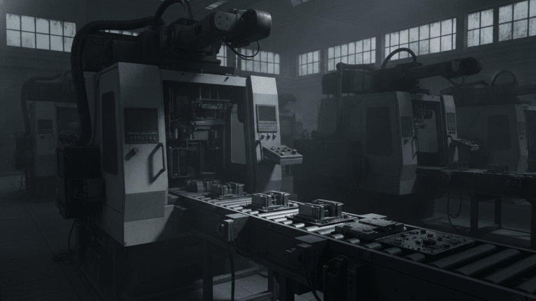 An interior shot of a factory shows large, complex industrial machines powered down, with electronic components on a halted conveyor belt.