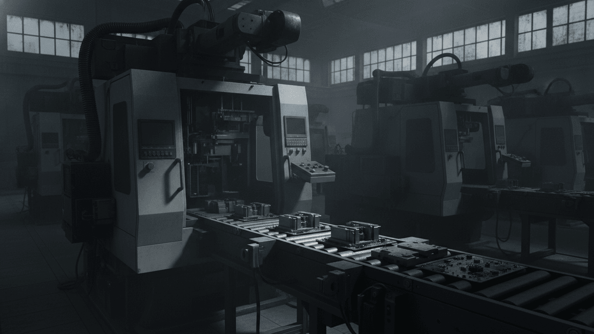 An interior shot of a factory shows large, complex industrial machines powered down, with electronic components on a halted conveyor belt.