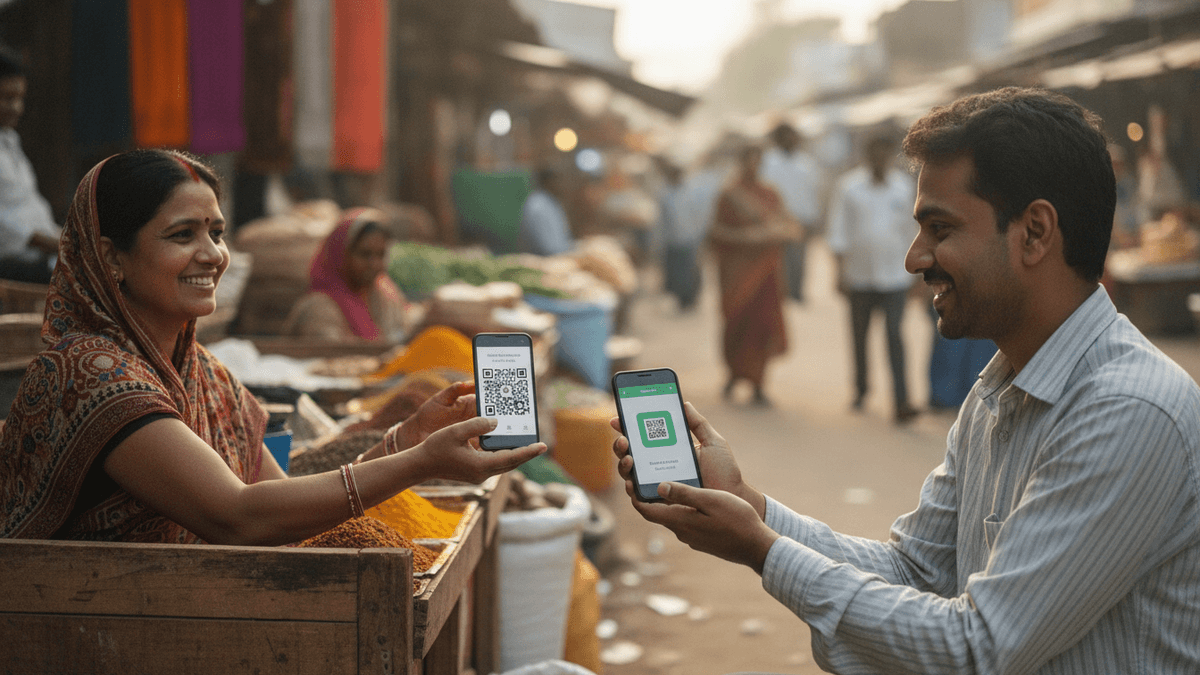 A man scans a QR code on a woman's phone at a market stall in India.