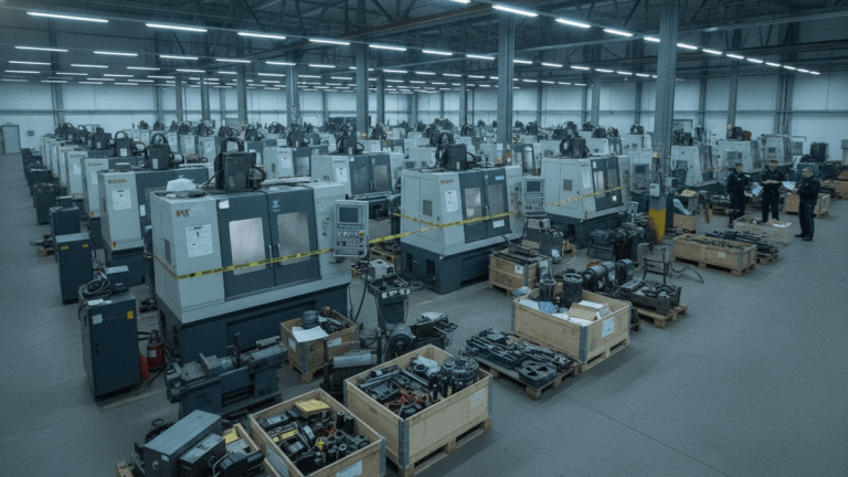 A wide shot of an industrial warehouse filled with rows of large CNC machines and wooden crates of metalworking tools.