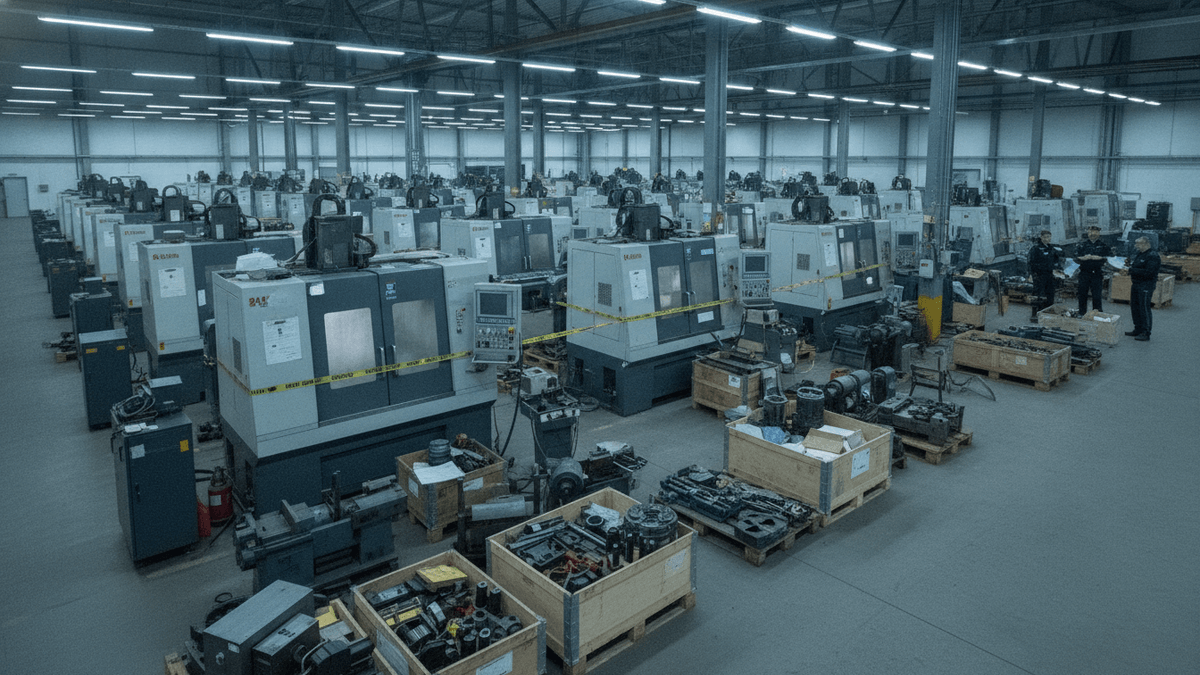 A wide shot of an industrial warehouse filled with rows of large CNC machines and wooden crates of metalworking tools.