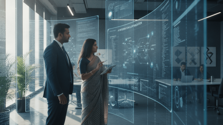 An Indian man in a suit and an Indian woman in a sari viewing interactive AI data on transparent screens in an office.