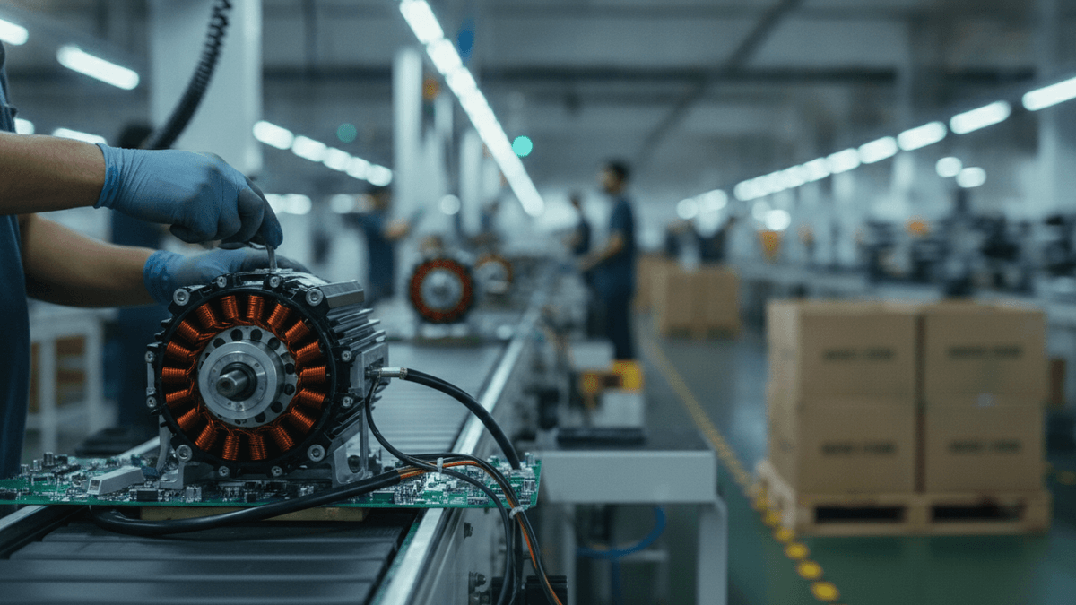 Close-up of hands in blue gloves working on an electric two-wheeler motor on a factory assembly line.
