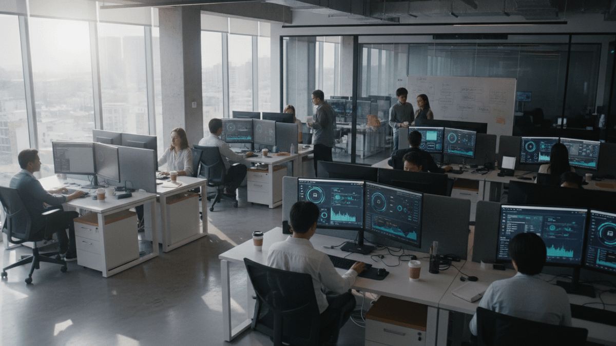 An open-plan office with employees at desks and collaborating, monitors display digital content.