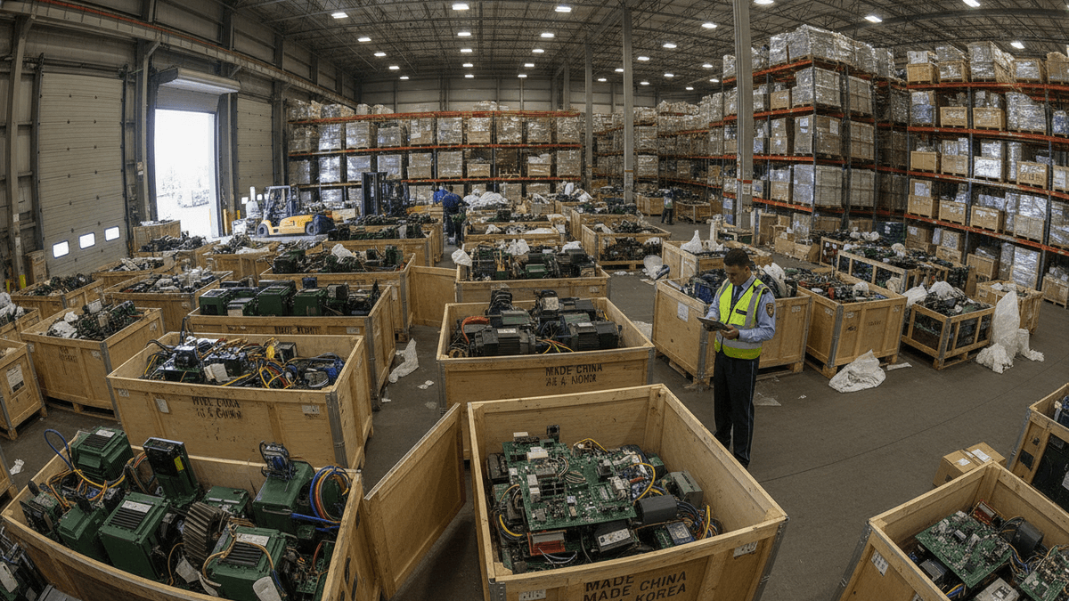 A wide shot of an industrial warehouse filled with crated and uncrated electronic parts and machinery, with a worker inspecting a crate.