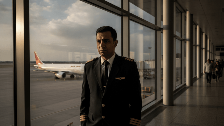 A male Air India pilot in uniform stands pensively by large windows overlooking a commercial airliner on the tarmac.