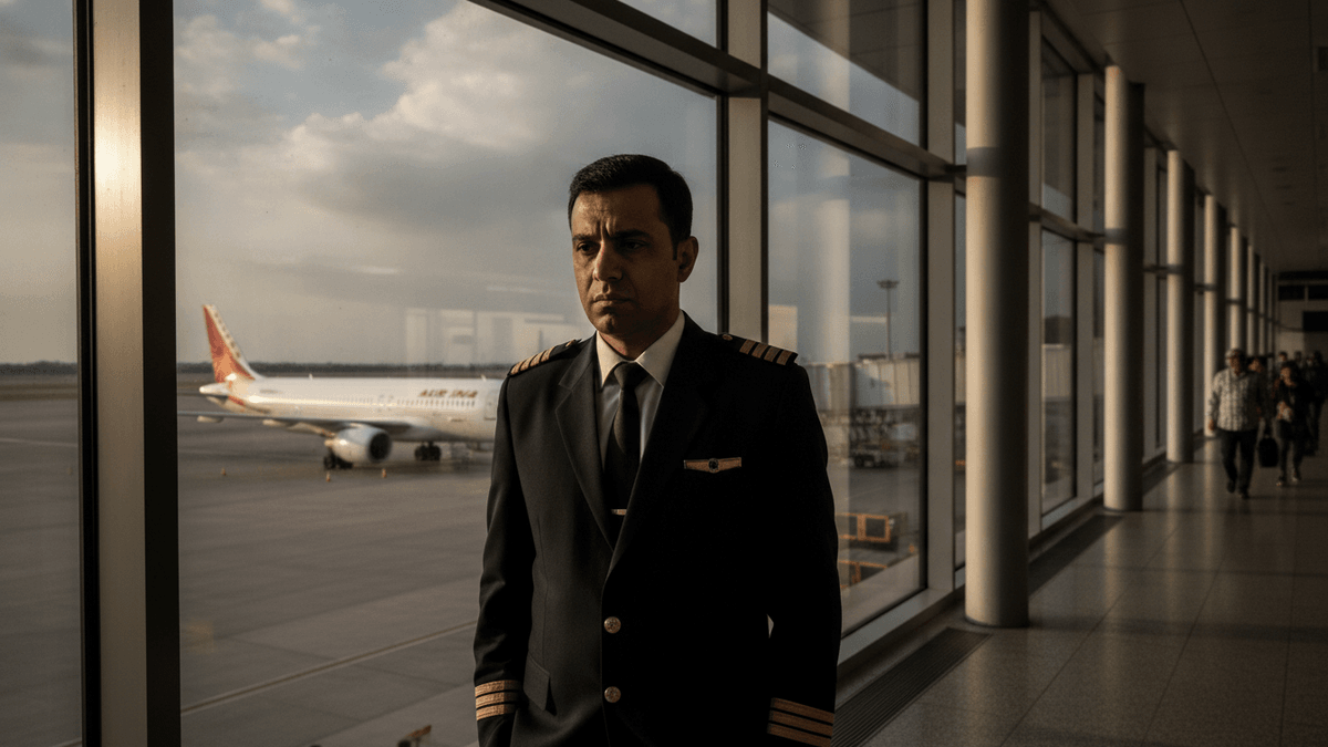 A male Air India pilot in uniform stands pensively by large windows overlooking a commercial airliner on the tarmac.