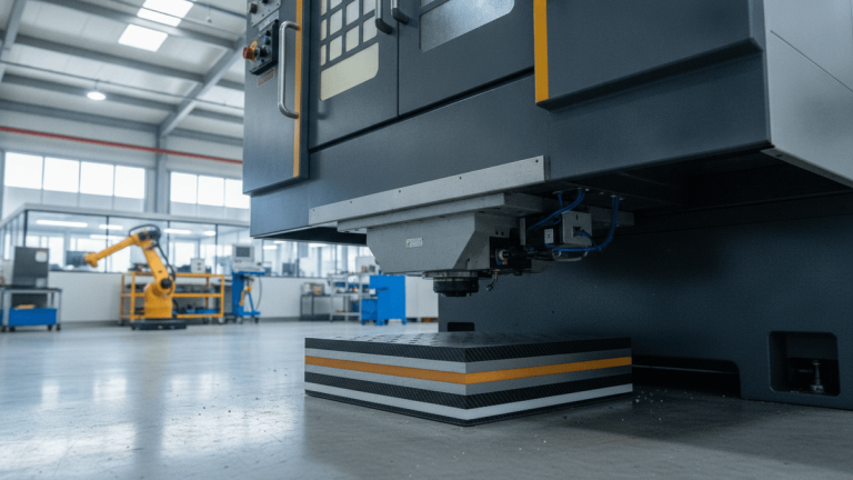 A composite anti-vibration pad beneath precision industrial machinery in a modern factory setting.