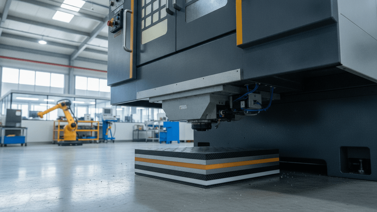 A composite anti-vibration pad beneath precision industrial machinery in a modern factory setting.