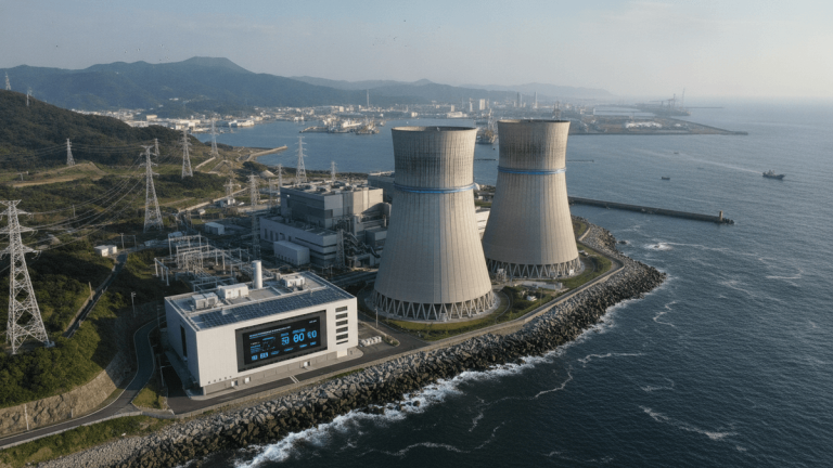 An aerial shot of a modern nuclear power plant with two large cooling towers on a rocky coastline.