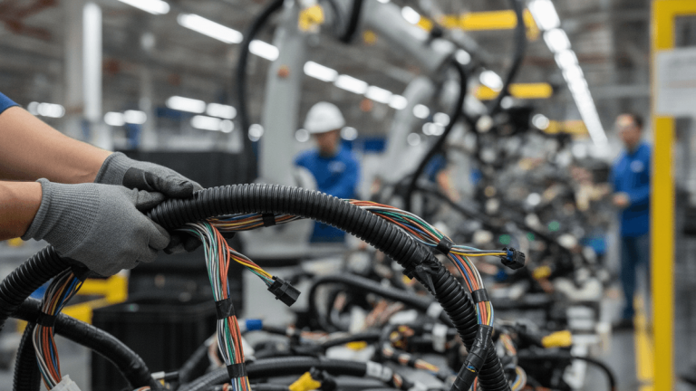Close-up of gloved hands installing fixed-diameter sleeving on a bundle of colorful wires in an industrial setting.