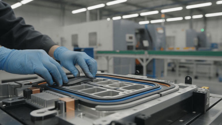 Close-up of gloved hands installing a custom molded seal into a complex machine component in an industrial setting.