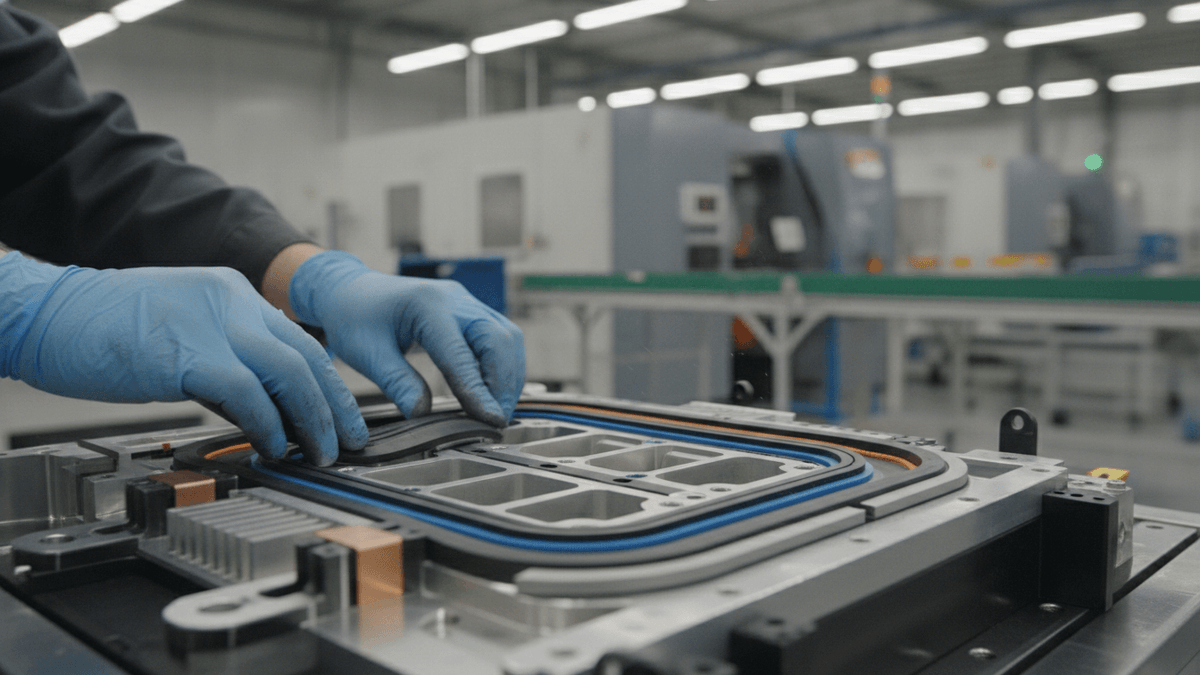 Close-up of gloved hands installing a custom molded seal into a complex machine component in an industrial setting.