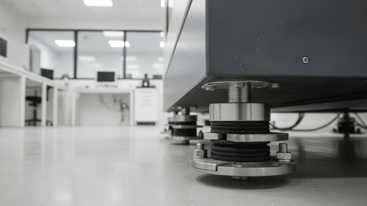 Stainless steel leveling feet with vibration damping support a large machine in a modern laboratory.