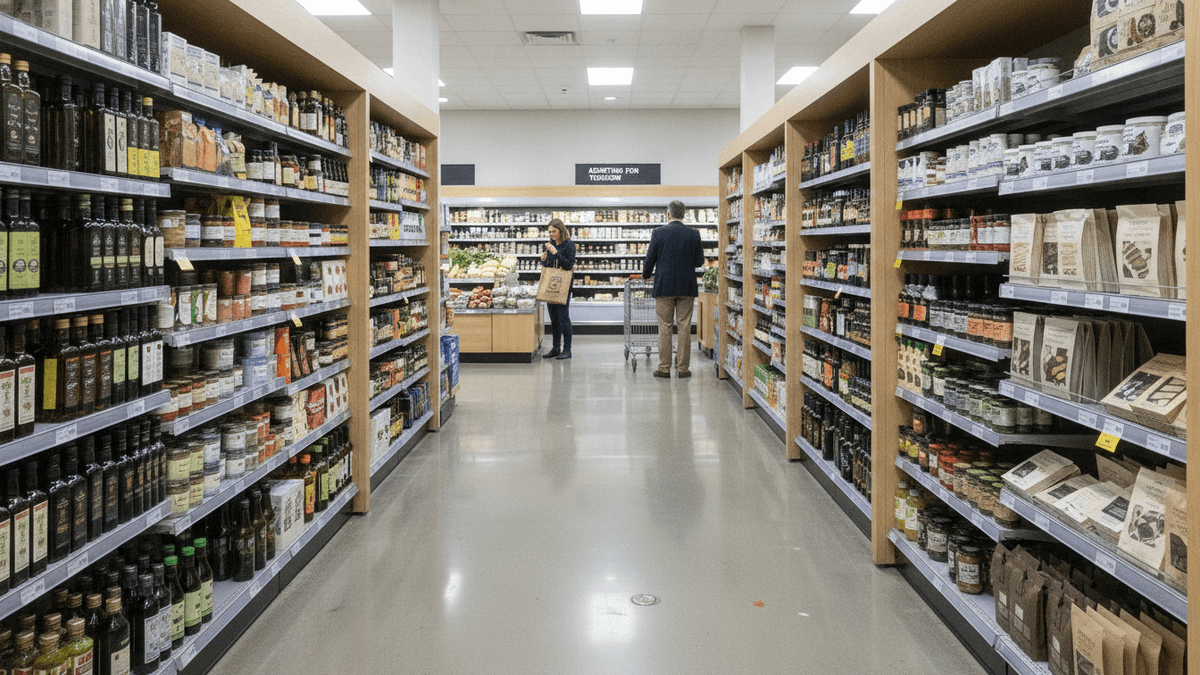 An uncrowded aisle in a premium grocery store, with shelves stocked with high-end food products and two customers in the distance.