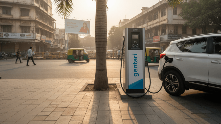 A white electric vehicle charges at a Gentari station on a sunny street in an Indian city, with auto-rickshaws.