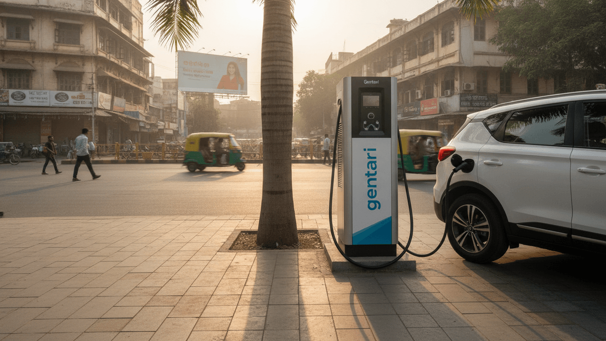 A white electric vehicle charges at a Gentari station on a sunny street in an Indian city, with auto-rickshaws.
