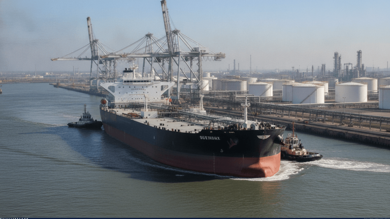 A large oil tanker, named "SHEIKH", is flanked by two tugboats in an industrial port setting with cranes and storage tanks.